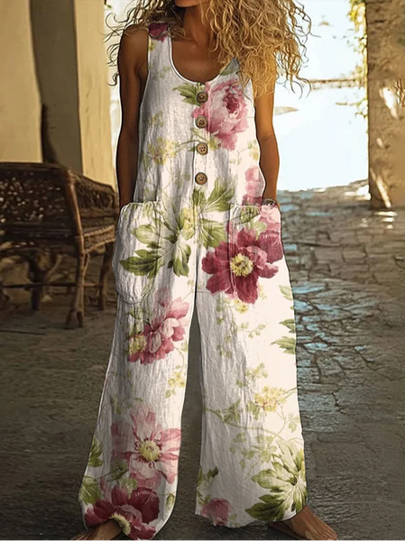 

Women Floral Crew Neck Sleeveless Casual Summer Jumpsuit, As picture, Jumpsuits＆Rompers
