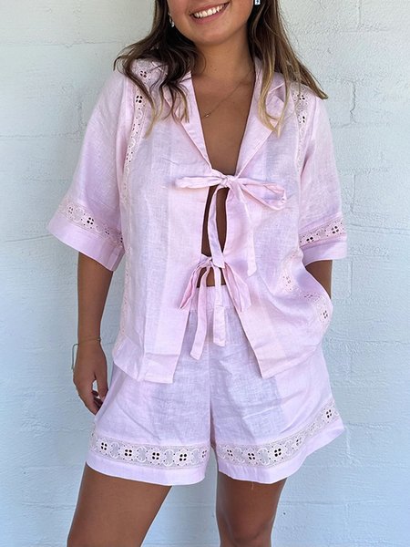 

Casual Plain Shawl Collar Two-Piece Set, Pink, Suits