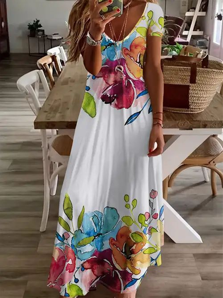 

Women Floral Short Sleeve Summer Printing Dress V Neck Daily Casual Maxi X-Line Dress, White, Casual Dresses