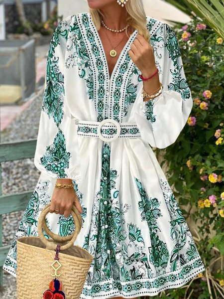 

Vacation Floral V Neck Midi Dress With Belt, Green, Maxi Dresses