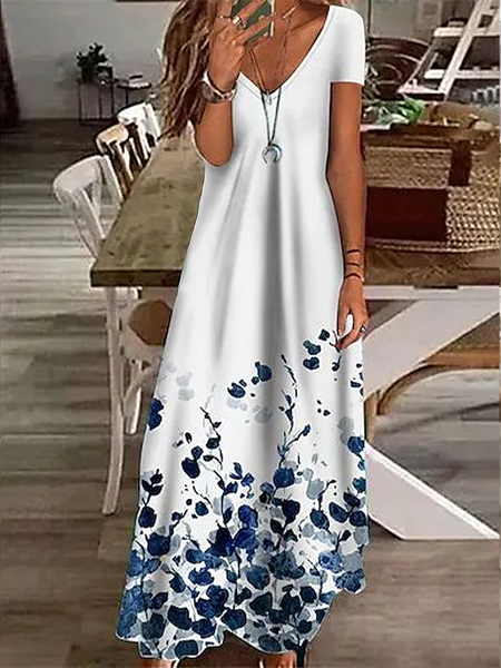

Women Floral Short Sleeve Summer Printing Dress V Neck Daily Casual Maxi X-Line Dress, White, Casual Dresses