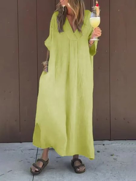 

Casual Plain V Neck Maxi Dress, Yellow, Maxi Dresses