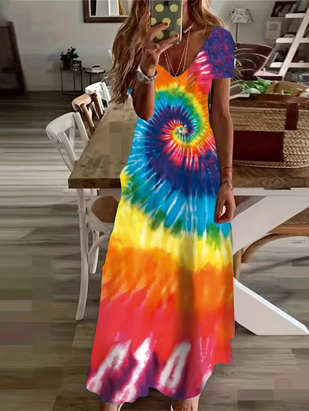 

Women Tie-Dye Pattern Short Sleeve Summer Printing Dress V Neck Daily Casual Maxi X-Line Dress, As picture, Casual Dresses
