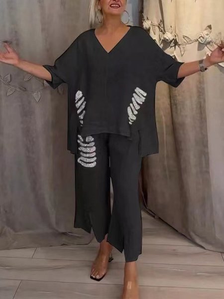 

Casual Plain V Neck Two-Piece Set, Black, Suits