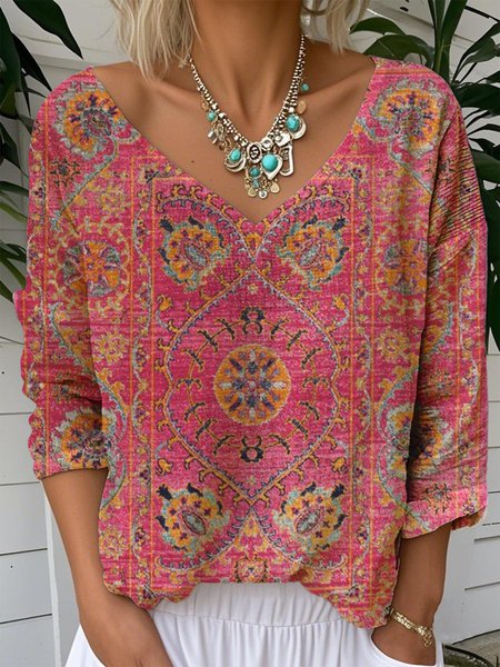 

Casual Floral V Neck Long Sleeve T-shirt, As picture, T-shirts