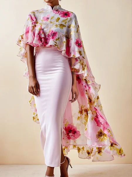 

Elegant Floral Printing Stand Collar Raglan Sleeves Blouse, Pink, Blouses and Shirts
