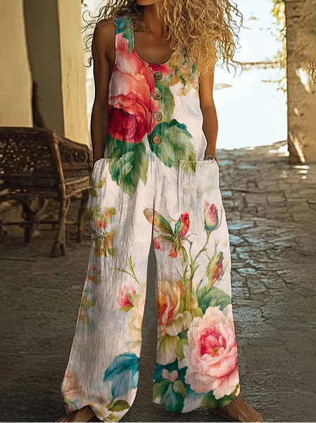 

Women Floral Crew Neck Sleeveless Casual Summer Jumpsuit, As picture, Jumpsuits＆Rompers