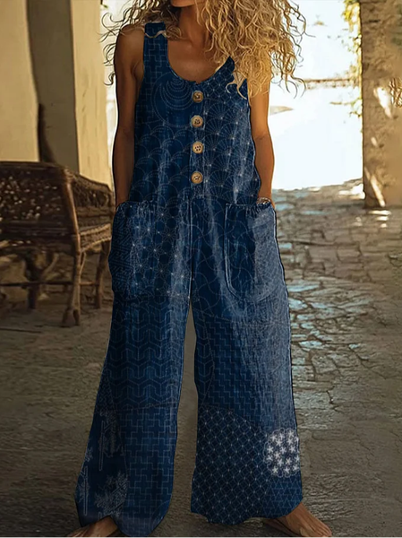 

Women Geometric Crew Neck Sleeveless Casual Summer Jumpsuit, Purplish blue, Jumpsuits＆Rompers