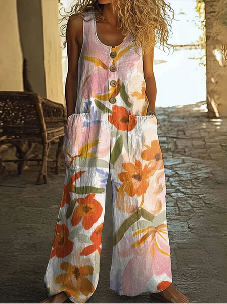 

Women Floral Crew Neck Sleeveless Casual Summer Jumpsuit, Orange, Jumpsuits＆Rompers