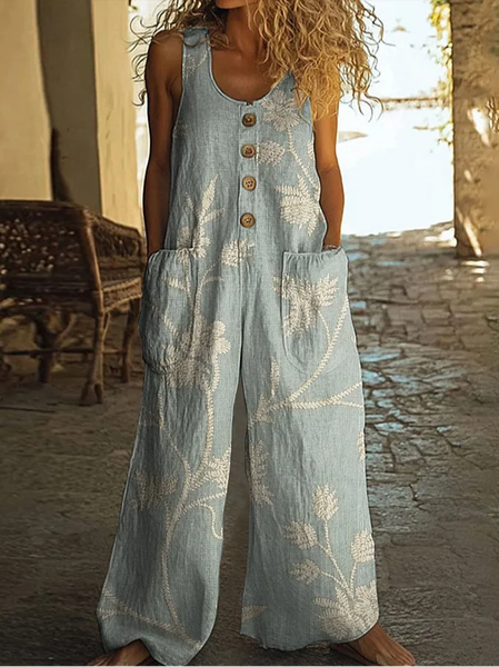 

Women Floral Crew Neck Sleeveless Casual Summer Jumpsuit, Green, Jumpsuits＆Rompers