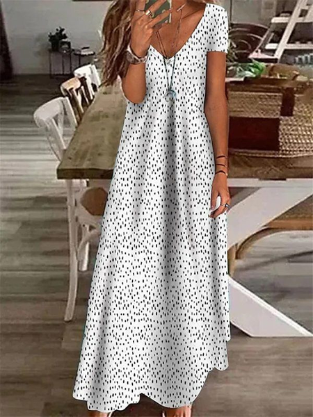 

Women Polka Dots Short Sleeve Summer Printing Dress V Neck Daily Casual Maxi X-Line Dress, White, Casual Dresses