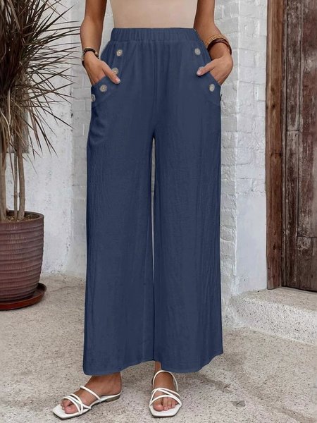 

Women Plain Long Elastic Waist Pants Casual Spring/Fall Trousers, Navyblue, Pants
