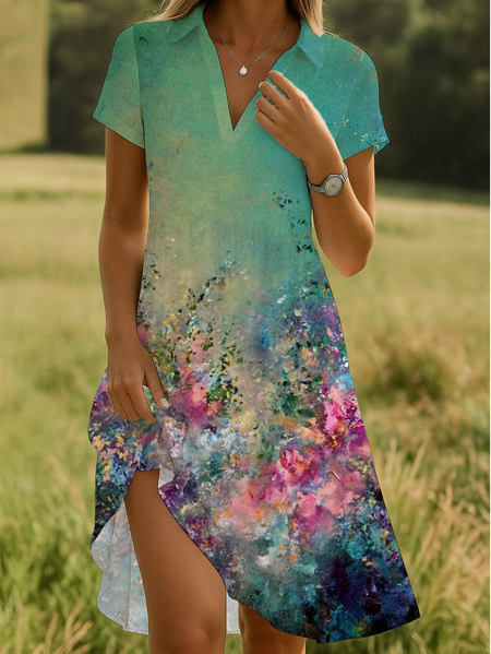 

Women Floral Short Sleeve Summer Printing Dress Shawl Collar Daily Casual Knee Length A-Line Dress, Green, Casual Dresses