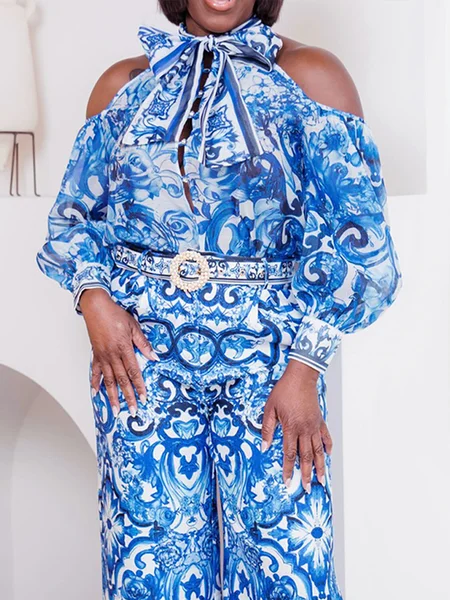 

Urban Floral Printing Stand Collar Off Shoulder Sleeve Shirt, Blue, Blouses and Shirts