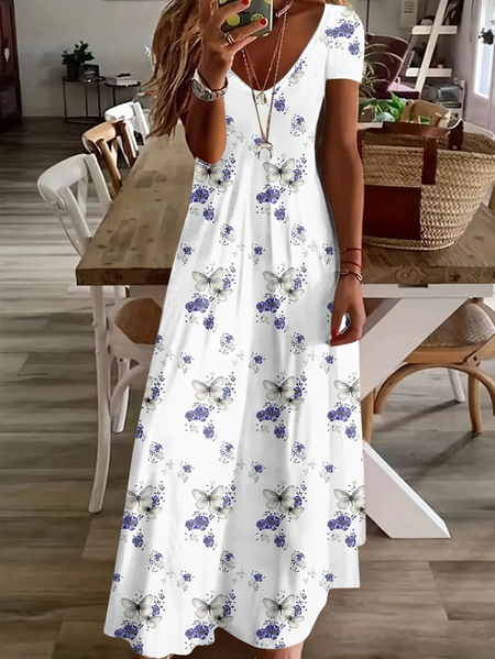 

Women Floral Short Sleeve Summer Printing Dress V Neck Daily Casual Maxi X-Line Dress, White, Casual Dresses