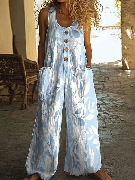

Women Floral Crew Neck Sleeveless Casual Summer Jumpsuit, Blue, Jumpsuits＆Rompers