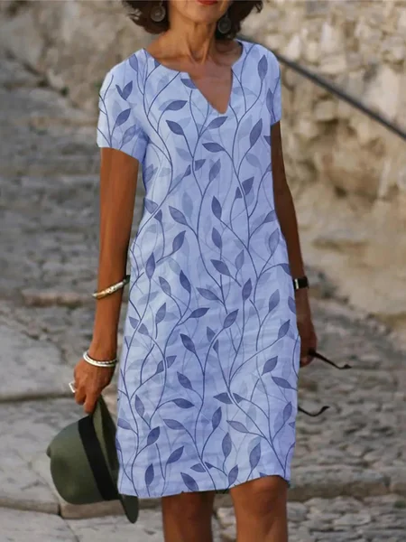 

Casual Leaf Printing V Neck Midi Dress, Blue, Maxi Dresses