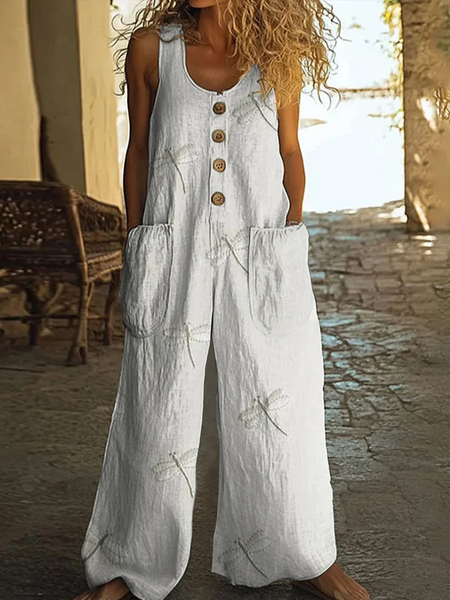 

Women Dragonfly Crew Neck Sleeveless Casual Summer Jumpsuit, White, Jumpsuits＆Rompers