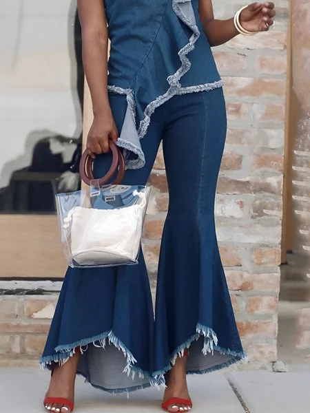 

Distressing Plain Urban Flare Denim Jeans, Blue, Jeans