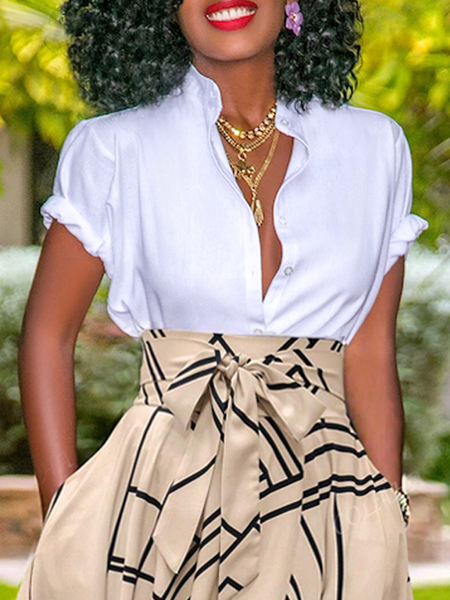 

Cotton Urban Plain Buttoned Stand Collar Shirt, White, Blouses and Shirts