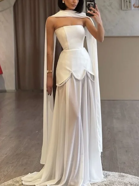 

Elegant Plain Pearl Strapless Maxi Dress With Scarf, White, Maxi Dresses