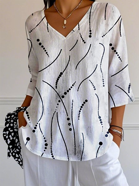 

Casual Striped Art Print V Neck Three Quarter Sleeve Comfy T-shirt, White, T-shirts