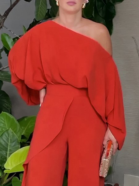 

Urban Plain One Shoulder Raglan Sleeves Blouse, Orange red, Blouses and Shirts
