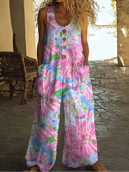 

Women Floral Crew Neck Sleeveless Casual Summer Jumpsuit, Pink, Jumpsuits＆Rompers
