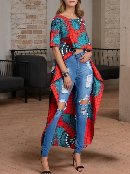 

Casual Geometric Printing Crew Neck Blouse, As picture, Blouses and Shirts