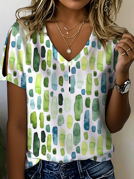 

Casual Geometric V Neck Short Sleeve T-shirt, Green, T-shirts