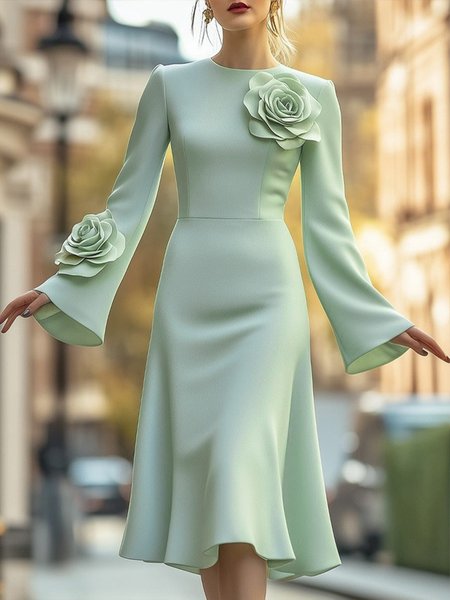 Elegant Bell Sleeve 3D Floral Crew Neck Knee Length Dress, Green, Midi Dresses