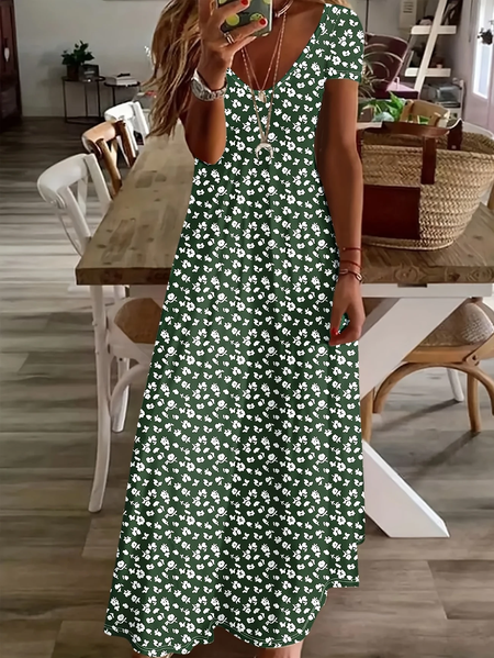 

Women Floral Short Sleeve Summer Printing Dress V Neck Daily Casual Maxi X-Line Dress, Green, Casual Dresses