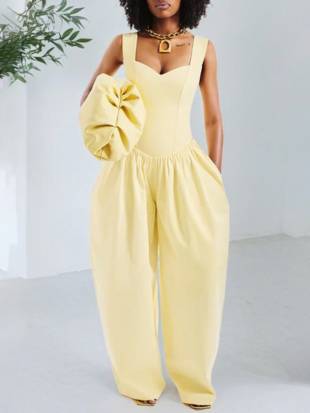 

Casual Ruched Plain Spaghetti Cami Jumpsuit, Yellow, Jumpsuits