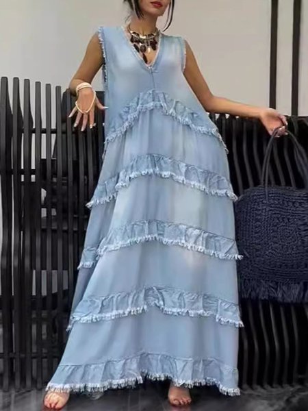 

Casual Plain V Neck Maxi Dress, Light blue, Maxi Dresses