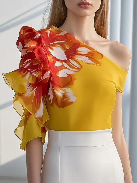 

Urban Floral Printing One Shoulder Blouse, As picture, Blouses and Shirts