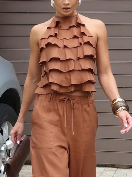 

Cotton And Linen Urban Plain Peplum Halter Tank Top, Brown, Tanks and Camis