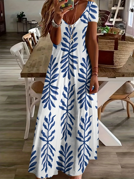 

Women Floral Short Sleeve Summer Printing Dress V Neck Daily Casual Maxi X-Line Dress, White, Casual Dresses