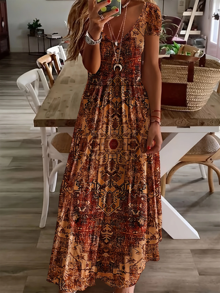 

Women Floral Short Sleeve Summer Printing Dress V Neck Daily Casual Maxi X-Line Dress, Brown, Casual Dresses