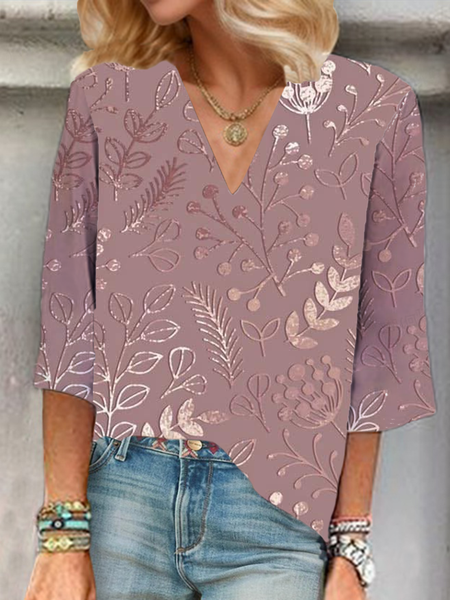 

Shawl Collar Half Sleeve Floral Regular Loose Blouse For Women, As picture, Blouses
