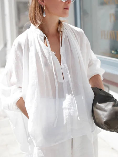 

Cotton And Linen Casual Plain Distressing Stand Collar Blouse, White, Blouses and Shirts