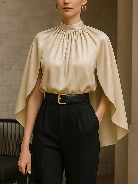 

Urban Plain Gathered Stand Collar Dolman Sleeve Blouse, As picture, Blouses and Shirts