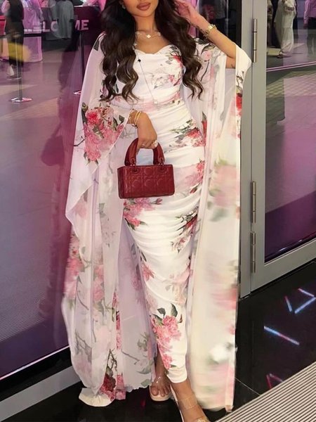 

Elegant Raglan Sleeves Printing Floral Kimono, As picture, Kimonos