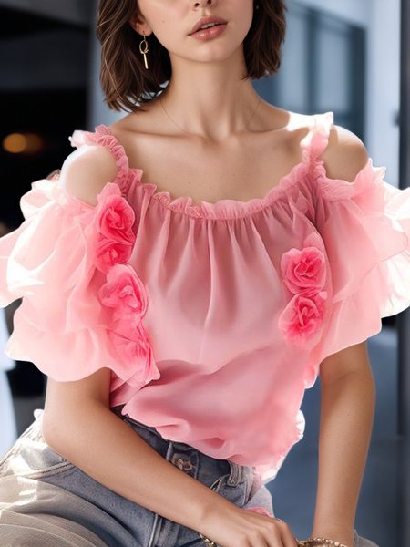 

Elegant Plain 3D Floral Lotus Leaf Collar Off Shoulder Sleeve Blouse, Pink, Blouses and Shirts