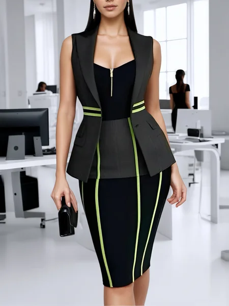 

Urban Color Block Webbing Spaghetti Knee Length Dress With Girdle, Black, Midi Dresses