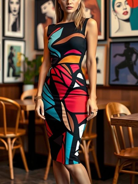 

Urban Random Print Printing Off The Shoulder Knee Length Dress, As picture, Midi Dresses