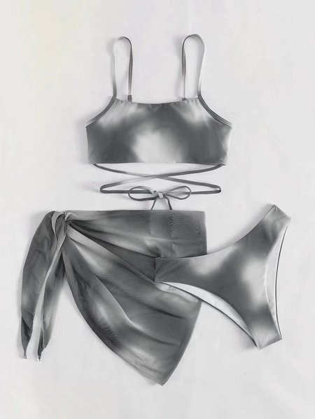 

Tie-dye Bikini Swimsuit Women's Gradient Color Mesh Skirt Split Bikini Swimsuit Three-piece Set, Gray, swimwear>>3 Piece Bikini Sets