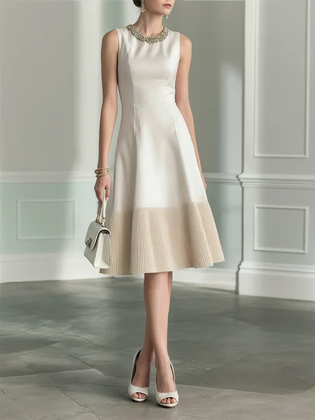 

Elegant Color Block Split Joint Crew Neck Knee Length Dress, As picture, Midi Dresses