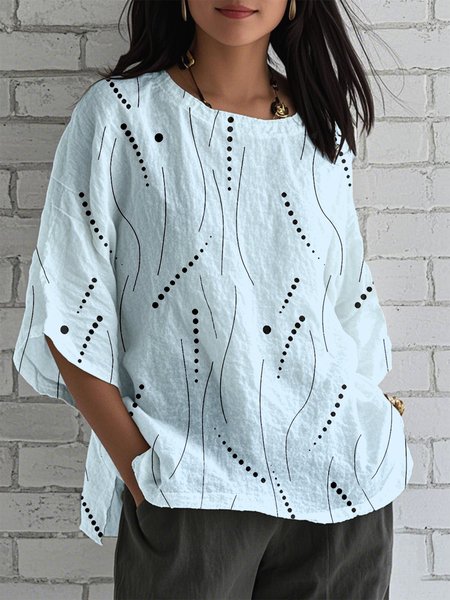 

Crew Neck Casual Linen Blend Loose Shirt, Blue, Blouses & Shirts