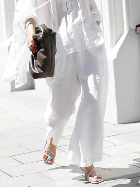 

Cotton And Linen Casual Plain Distressing Straight Pants, White, Pants