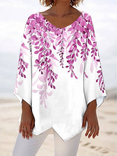 

Women Plants Long Sleeve Blouse Spring/Fall V Neck Daily Casual Top, Purple, Shirts